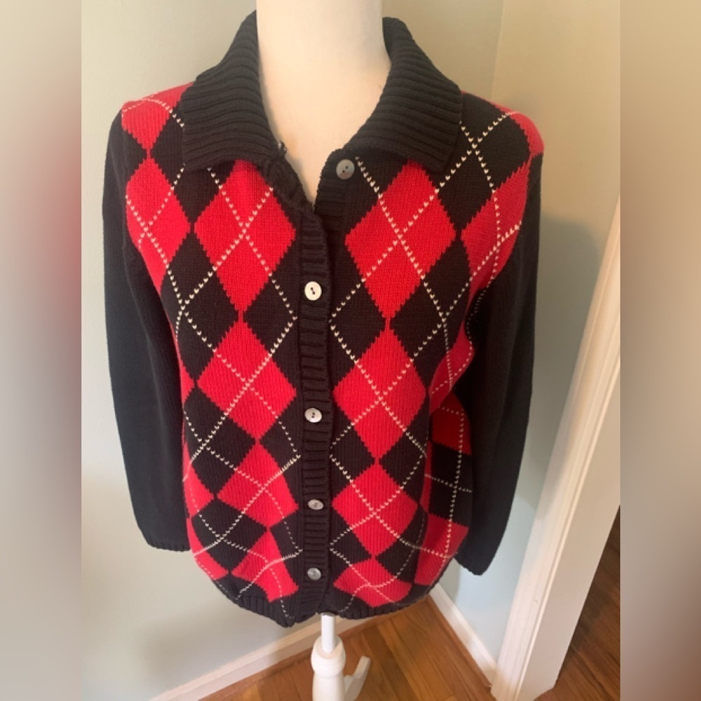 Land’s End Argyle Sweater cardigan- Red/Navy, L